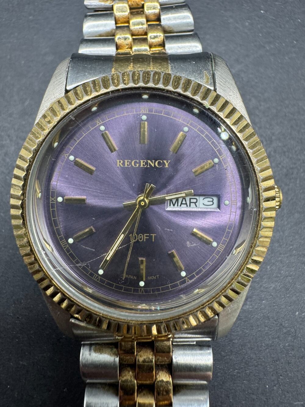 Regency 8021 Watch Women's Two Tone Metal Round Blue Face Fluted Bezel 35MM